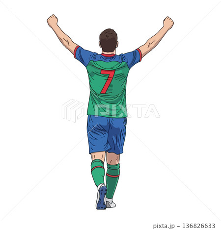 Joyful soccer player celebrating a thrilling goal with raised arms, expressing excitement and victory on the field Joyful soccer player celebrating a thrilling goal with raised arms, expressing excitement and victory on the field 136826633