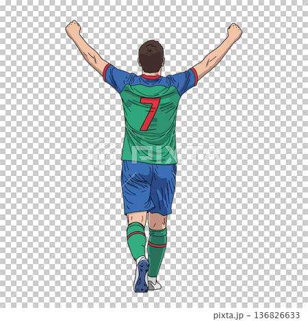 Joyful soccer player celebrating a thrilling goal with raised arms, expressing excitement and victory on the field Joyful soccer player celebrating a thrilling goal with raised arms, expressing excitement and victory on the field 136826633