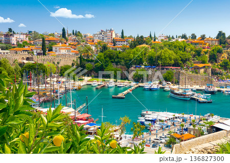 Panoramic view of the harbor of Alanya on a beautiful summer day. Alanya, Turkey  136827300