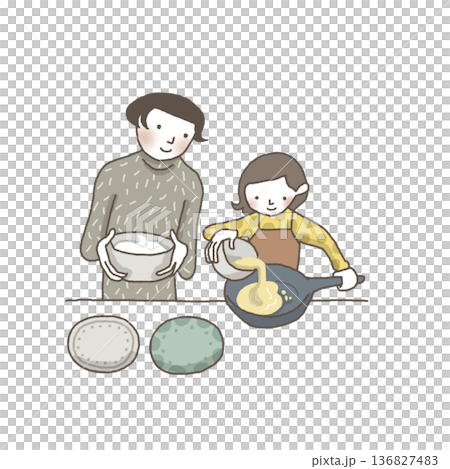 Mother and little girl baking sponge cake 136827483