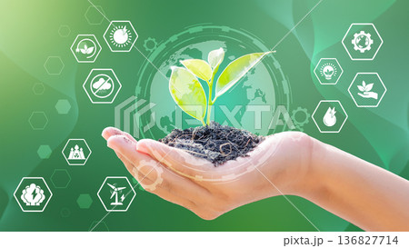 World Environment Day concept with Technology and icons on blurred green background World Environment Day concept with Technology and icons on blurred green background 136827714