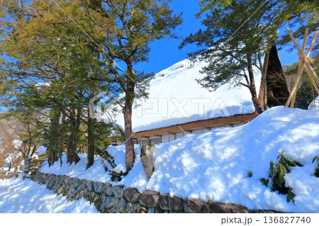 【岐阜県】快晴の白川郷の明善寺庫裡の雪景色（明善寺郷土館） 136827740