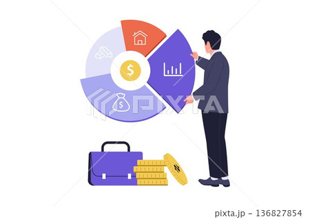 Business Investor Managing Asset Allocation with Portfolio Pie Chart Illustration Business Investor Managing Asset Allocation with Portfolio Pie Chart Illustration 136827854