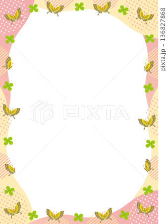 蝶とクローバーと幾何学模様と波の縦型のフレーム_ ピンク 136827868