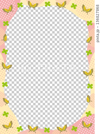 蝶とクローバーと幾何学模様と波の縦型のフレーム_ ピンク 136827868