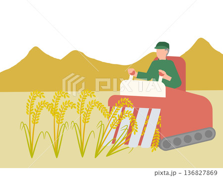コンバインで稲を収穫するシニア男性のイラスト 136827869