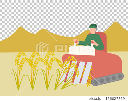 コンバインで稲を収穫するシニア男性のイラスト 136827869