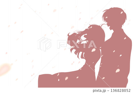 隣り合って笑う男女 髪を押さえる シルエット 桜吹雪 隣り合って笑う男女 髪を押さえる シルエット 桜吹雪 136828052