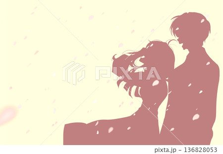 隣り合って笑う男女 髪を押さえる シルエット 桜吹雪 隣り合って笑う男女 髪を押さえる シルエット 桜吹雪 136828053