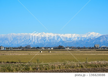 冬の越後平野と飯豊連峰（新潟県新潟市） 136828086