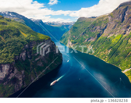 Fjord Geirangerfjord with ferry boat, Norway. Fjord Geirangerfjord with ferry boat, Norway. 136828238