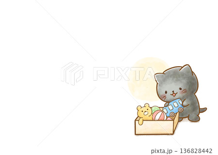 水彩 黒猫の園生活イラスト 片付けをしているねこ 横長 余白あり 水彩 黒猫の園生活イラスト 片付けをしているねこ 横長 余白あり 136828442