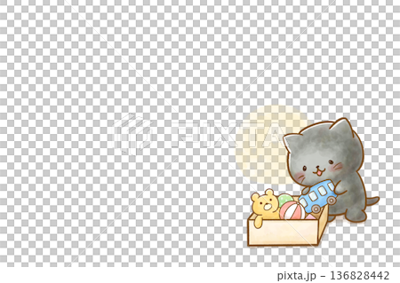 水彩插畫，描繪了一隻黑貓在花園裡的生活，它正在整理花園，畫面帶有邊框。 136828442