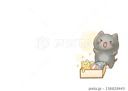 水彩 黒猫の園生活イラスト 片付けが終わって喜ぶねこ 横長 余白あり 136828443