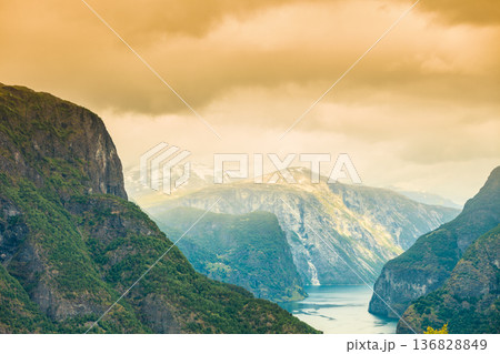 View of the fjords at Stegastein viewpoint in Norway 136828849