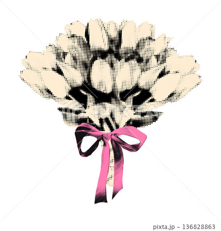 Halftone tulips bouquet, flowers tied with pink ribbon in bow. Spring flowers cut out element, floral clipping sticker for collage and scrapbook. Modern retro grunge mixed media vector illustration 136828863