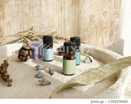 Aromatic perfumed oil for calm and mental health. Aromatherapy with natural herbs. Template, background for design, mockup. Composition with natural objects. Aromatic perfumed oil for calm and mental health. Aromatherapy with natural herbs. Template, background for design, mockup. Composition with natural objects. 136829068