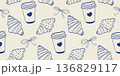 Seamless pattern with hand drawn doodlecroissants, coffee cups and bows. Cozy bakery background in blue and beige colors. Perfect for packaging, textiles, wrapping paper, cafe branding and food design 136829117