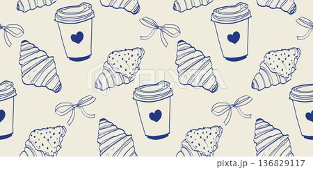 Seamless pattern with hand drawn doodlecroissants, coffee cups and bows. Cozy bakery background in blue and beige colors. Perfect for packaging, textiles, wrapping paper, cafe branding and food design Seamless pattern with hand drawn doodlecroissants, coffee cups and bows. Cozy bakery background in blue and beige colors. Perfect for packaging, textiles, wrapping paper, cafe branding and food design 136829117