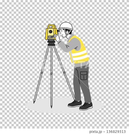 Full-body illustration of a surveyor surveying with a total station Land survey scene wearing work clothes and a helmet 136829313