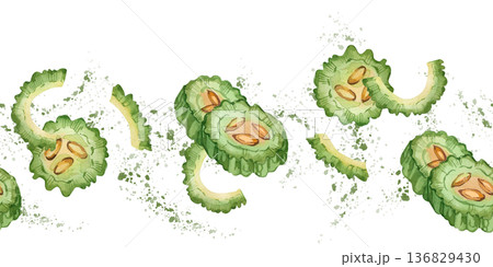 A seamless watercolor border featuring bitter gourd slices and pieces, juice splashes, and a green element of the momordica cucumber fruit. All hand-drawn for a healthy eating theme. 136829430