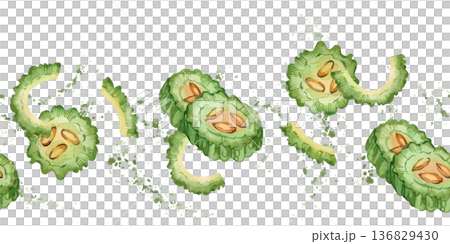 A seamless watercolor border featuring bitter gourd slices and pieces, juice splashes, and a green element of the momordica cucumber fruit. All hand-drawn for a healthy eating theme. A seamless watercolor border featuring bitter gourd slices and pieces, juice splashes, and a green element of the momordica cucumber fruit. All hand-drawn for a healthy eating theme. 136829430
