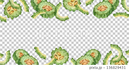 A frame of slices and pieces of bitter melon and Indian cucumber, all hand-painted in watercolor on a white background. A botanical frame design for a healthy eating concept, recipe, or diet. A frame of slices and pieces of bitter melon and Indian cucumber, all hand-painted in watercolor on a white background. A botanical frame design for a healthy eating concept, recipe, or diet. 136829431