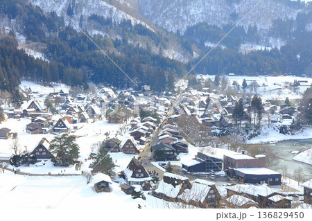【岐阜県】城山展望台から見た白川郷の雪景色 136829450