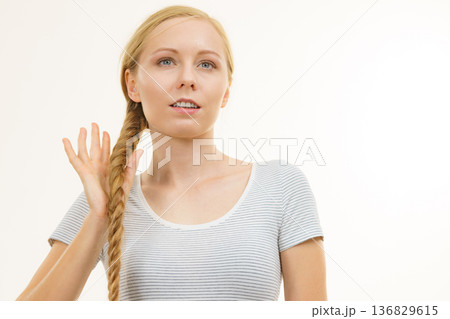 Blonde girl with braid hair Blonde girl with braid hair 136829615