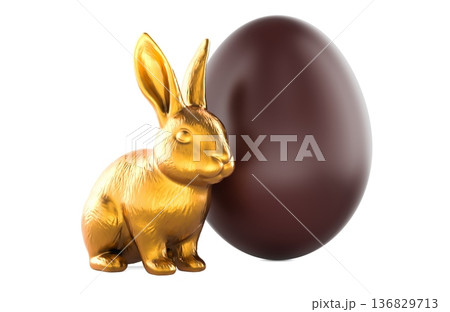 Easter bunny figurine with chocolate egg. 3D rendering Easter bunny figurine with chocolate egg. 3D rendering 136829713