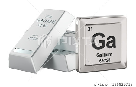 Gallium metal ingots with Ga element symbol, periodic table tile. 3D rendering 136829715