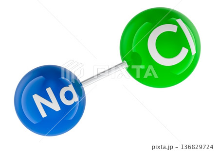 Sodium chloride NaCl molecule model. 3d rendering Sodium chloride NaCl molecule model. 3d rendering 136829724