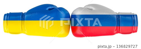 Ukraine and Russia boxing gloves, conflict rivalry concept. 3d rendering Ukraine and Russia boxing gloves, conflict rivalry concept. 3d rendering 136829727