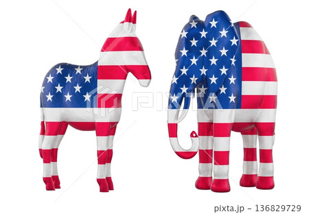 US election rivalry symbols donkey and elephant of Democratic and Republican parties in US politics. 3d rendering US election rivalry symbols donkey and elephant of Democratic and Republican parties in US politics. 3d rendering 136829729