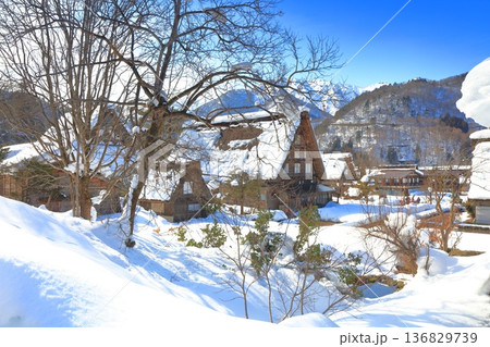 【岐阜県】快晴の白川郷の雪景色と白山連峰 【岐阜県】快晴の白川郷の雪景色と白山連峰 136829739