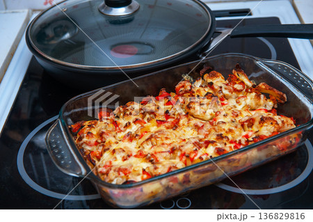 Casserole of Cauliflower with Chicken and Vegetables. Casserole of Cauliflower with Chicken and Vegetables. 136829816