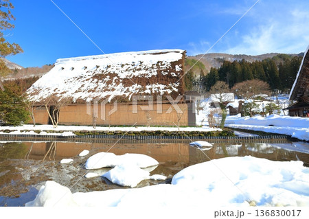 【岐阜県】快晴の白川郷の雪景色 136830017