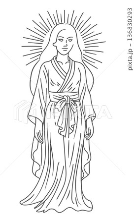 日本神話の太陽神 天照大御神の線画イラスト ぬりえ用ベクター素材 白バック 136830293