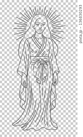 日本神話の太陽神 天照大御神の線画イラスト ぬりえ用ベクター素材 白バック 136830293