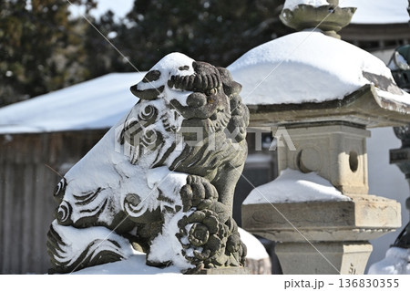 雪にまみれる小平潟天満宮の狛犬　福島 136830355