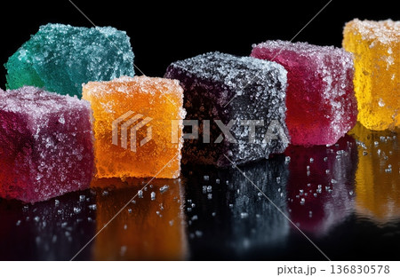 Colorful sugar coated jelly cubes macro on black reflective background 136830578