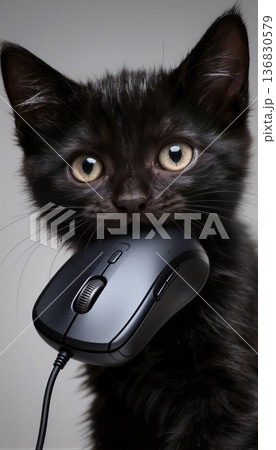 Black kitten holding computer mouse in mouth isolated on white background Black kitten holding computer mouse in mouth isolated on white background 136830579