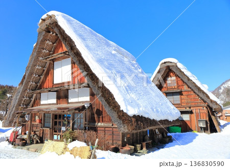 【岐阜県】快晴の白川郷の雪景色 136830590