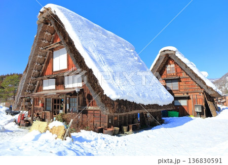【岐阜県】快晴の白川郷の雪景色 136830591