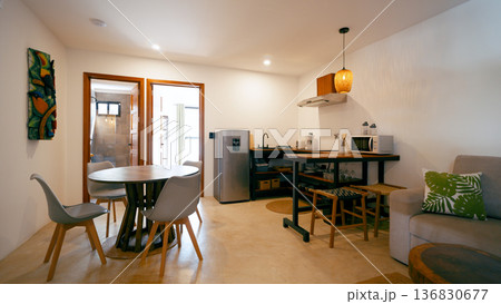 Modern studio apartment interior with open plan kitchen Modern studio apartment interior with open plan kitchen 136830677