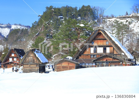【岐阜県】快晴の白川郷の雪景色（和田家） 136830804