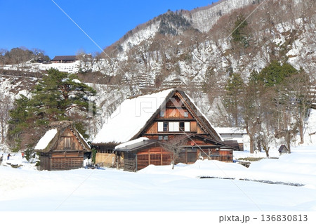 【岐阜県】快晴の白川郷の雪景色（和田家） 136830813