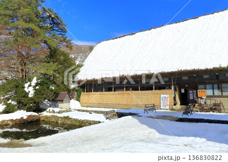 【岐阜県】快晴の白川郷の雪景色（和田家） 136830822