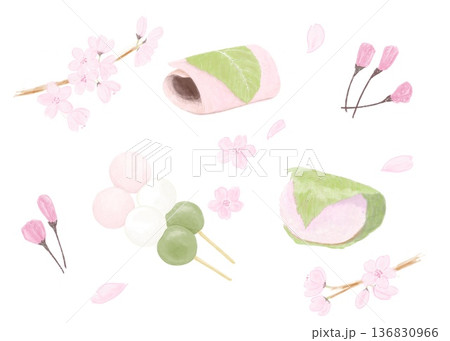 桜や桜に関するお菓子をセットにした水彩イラストです。 桜や桜に関するお菓子をセットにした水彩イラストです。 136830966