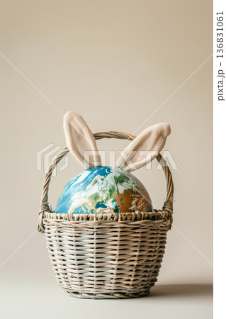 Planet Earth decorated with bunny ears placed in a basket on soft peach background, creative Easter and eco concept 136831061